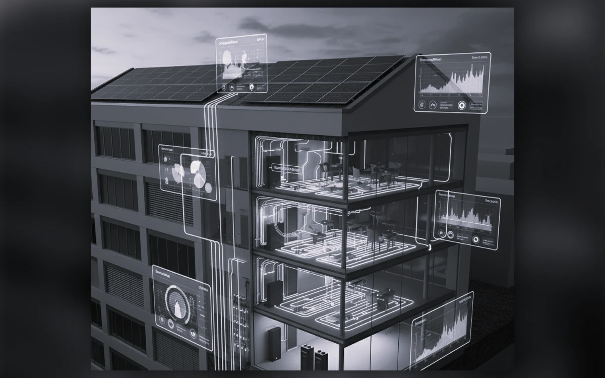 Gebäudeschnitt mit Photovoltaik und Energiedaten der Energiesimulation
