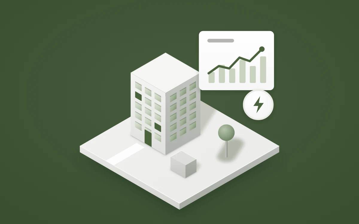 Illustration Energiesimulation: Gebäude mit Lastgang-Diagramm