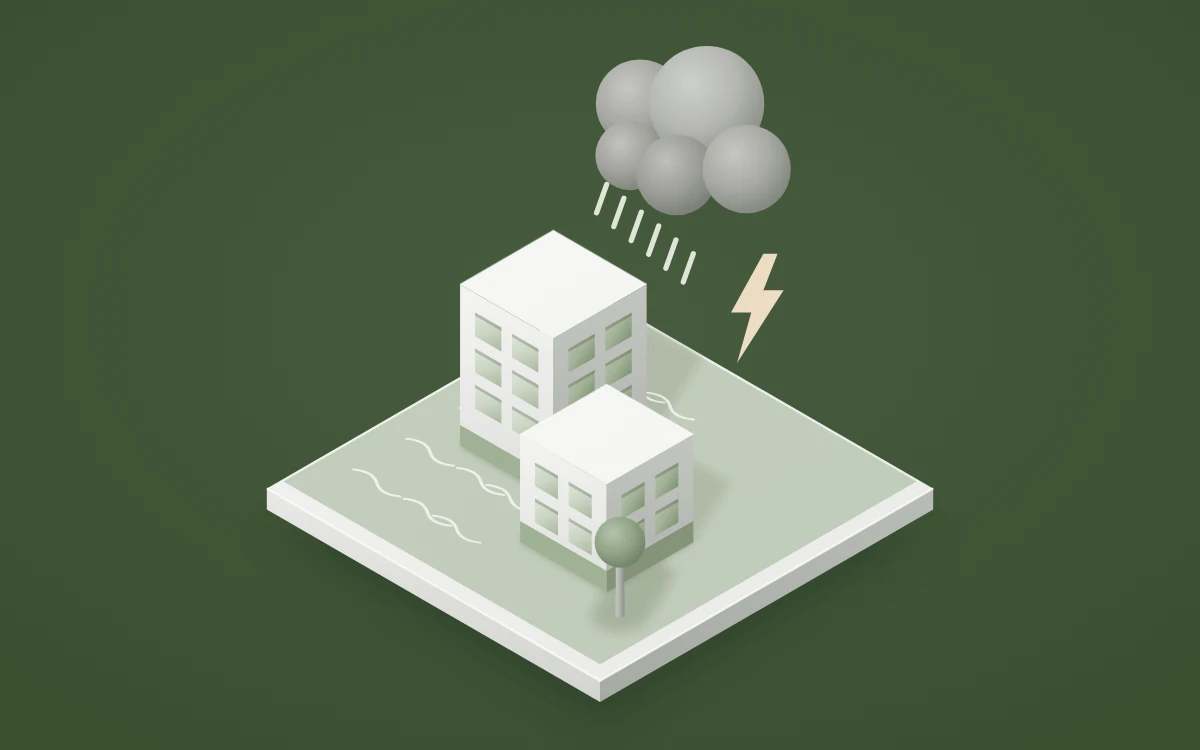 Illustration Klimarisiko: Gebäude bei Starkregen, Gewitter und Hochwasser