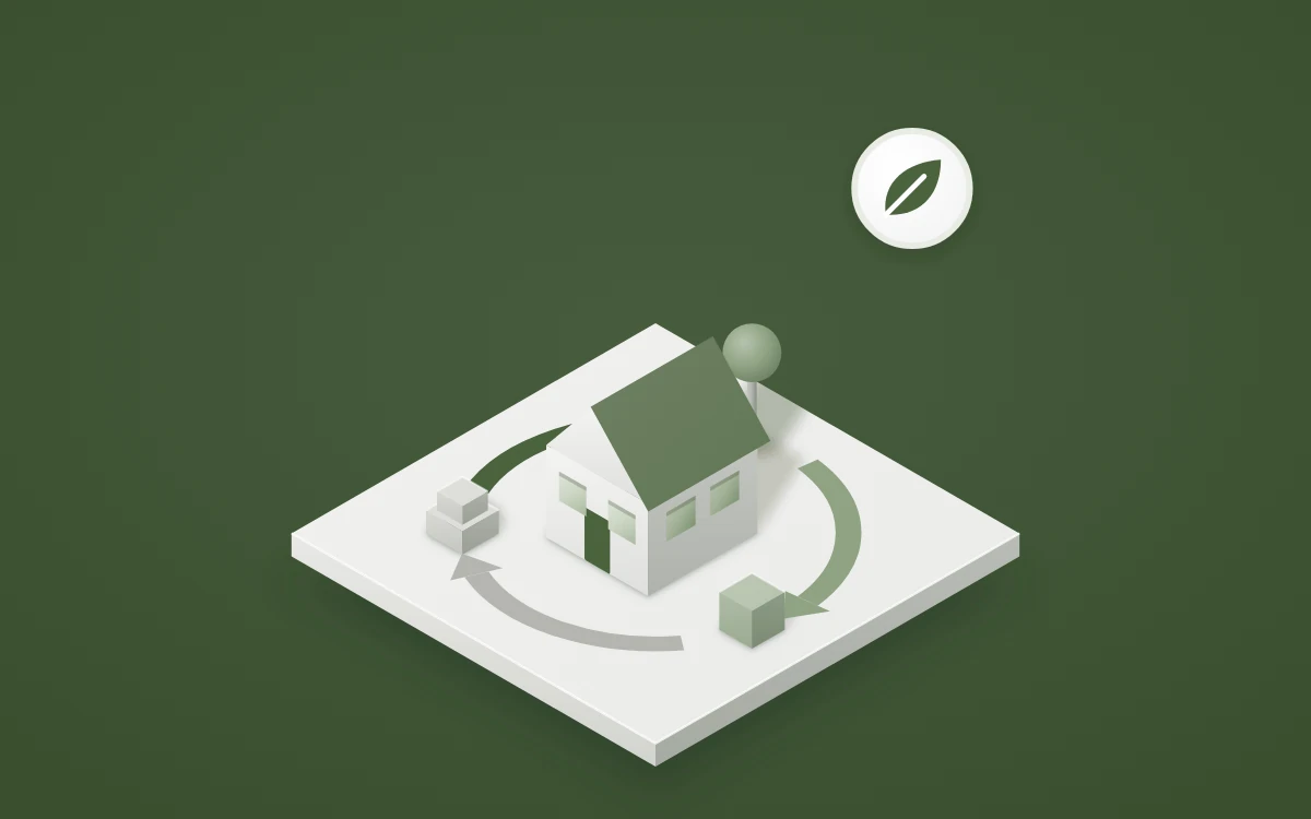 Illustration Ökobilanz: Haus im Kreislauf aus Material, Nutzung und Natur