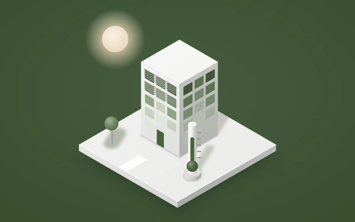 Illustration thermische Simulation: Gebäude mit Sonnenschutz und Thermometer